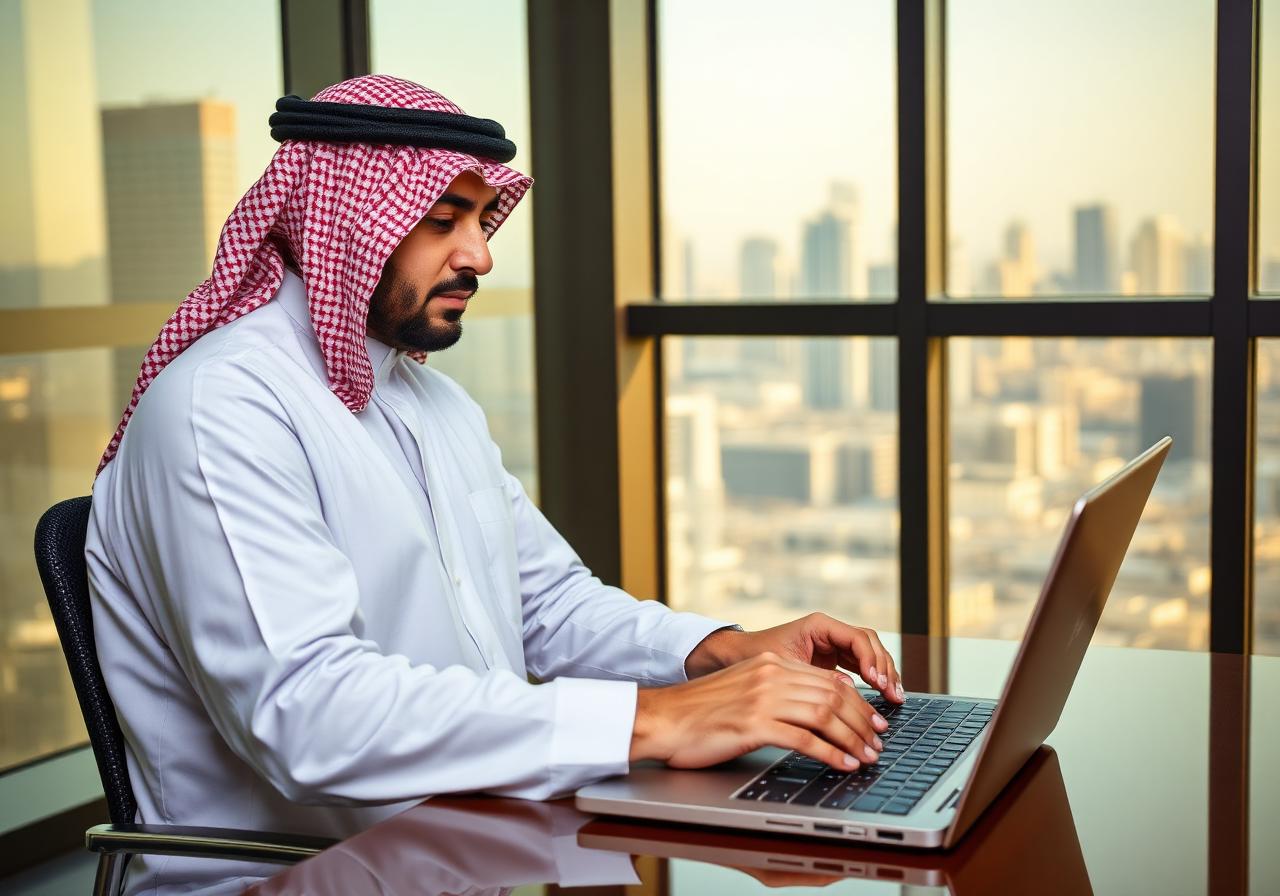 Saudi trader using the Halal Trade AI app on a laptop in Riyadh